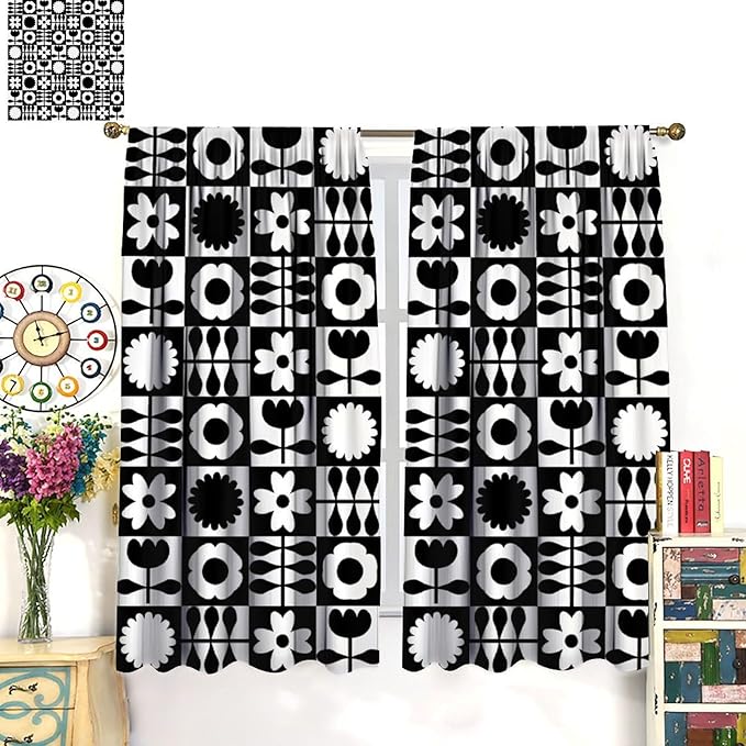 Mid Century Geometric Floral Curtains,Vintage 70s Window Treatments for Boys Girls Kids Bedroom Curtains,Boho Black and White Floral Curtains 72"" W X 63"" L, Style-10