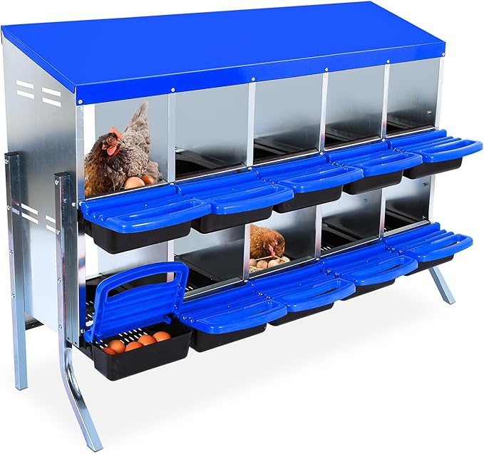 Nesting Boxes for Chickens, 10 Holes Chicken Nesting Box, Chicken Laying Boxes with Lid Cover, Roll Away Nesting Box for Chickens Laying Egg, with Metal Bracket, Blue