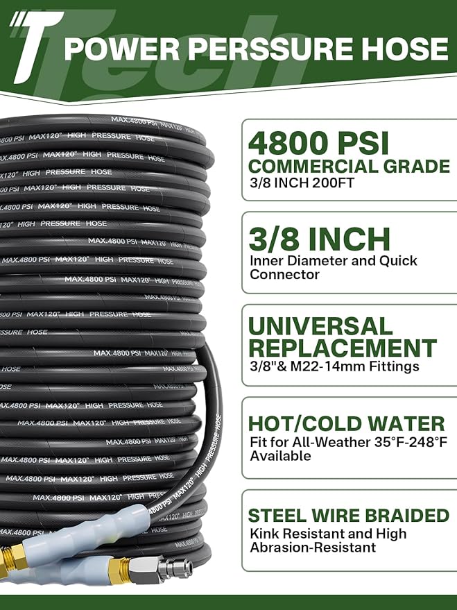 3/8" 4800PSI Pressure Washer Hose 200FT with Swivel Quick Connect for Cold/Hot Water Max 248°F, Kink Resistant Steel Wire Braided, Wear Resistant Power Washer Hose with M22 14mm Adapter