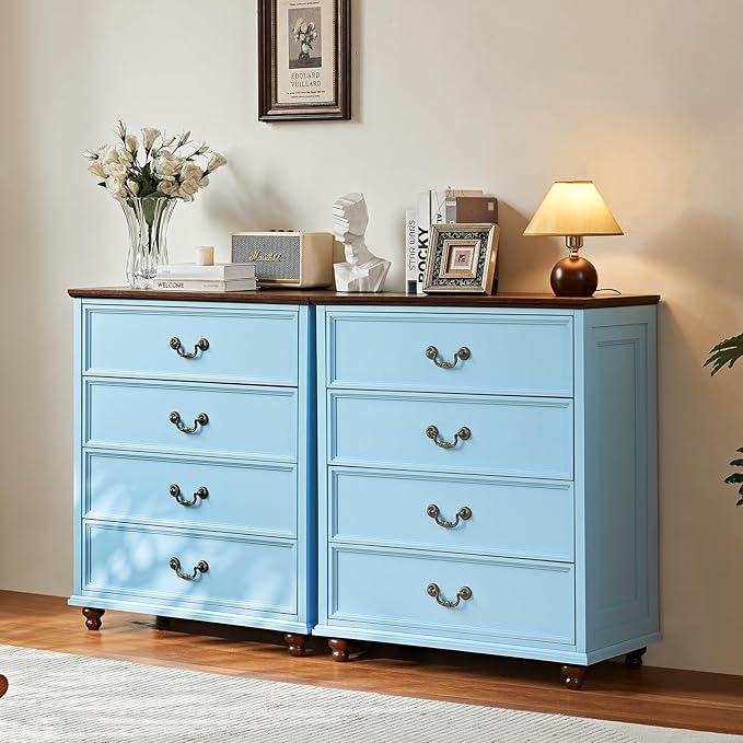 Farmhouse 4 Drawer Dresser Set of 2 for Bedroom, 37" Tall Rustic Chests of Drawers w/ 4 Solid Wood Feet, Mid Century Vintage Wooden Closet Storage Dressers Organizer for Living Room,Light Blue
