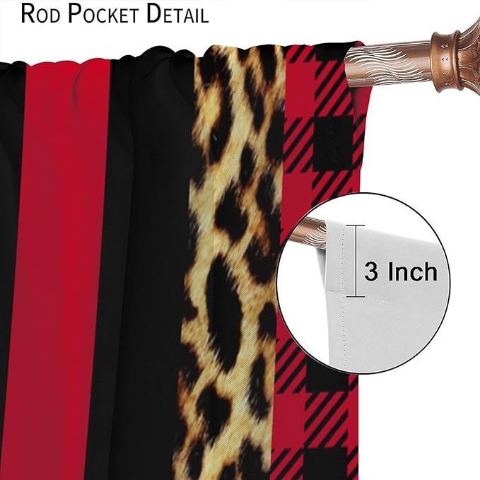 Leopard Skin Blackout Window Curtains, Brown Cheetah Red Black Plaid Stripe Print Window Drapes for Kids Boy Girls Bedroom Living Room 42" W X 45" L