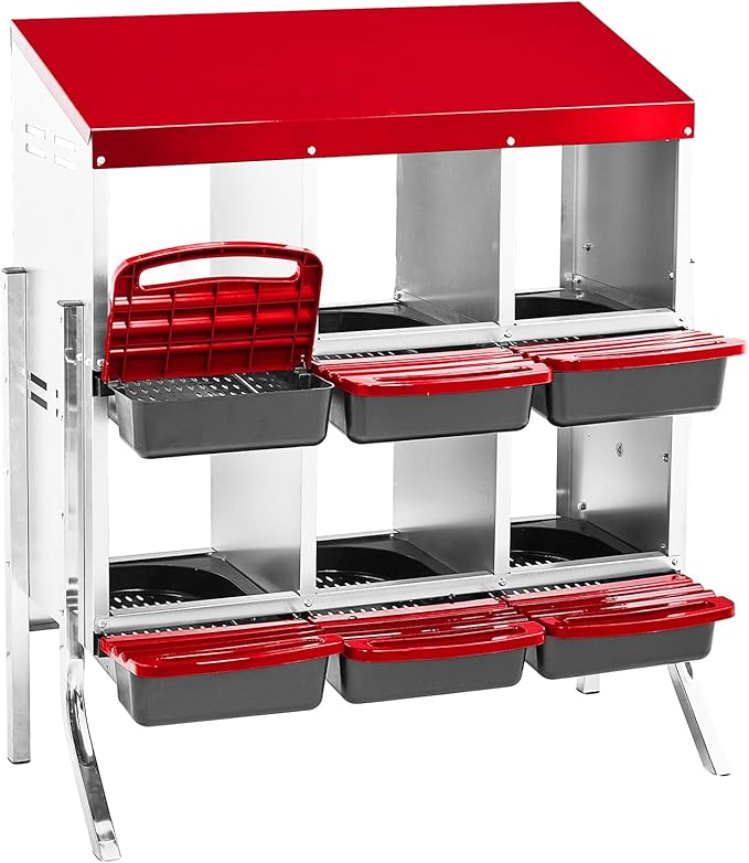 6 Compartment Chicken Nesting Box with Roll Away Egg Design - Wall Mount Hen Laying Box with Pull-Out Trays for Easy Egg Collection, Cleanable & Chicken Coop Accessories, 6 Holes, Red