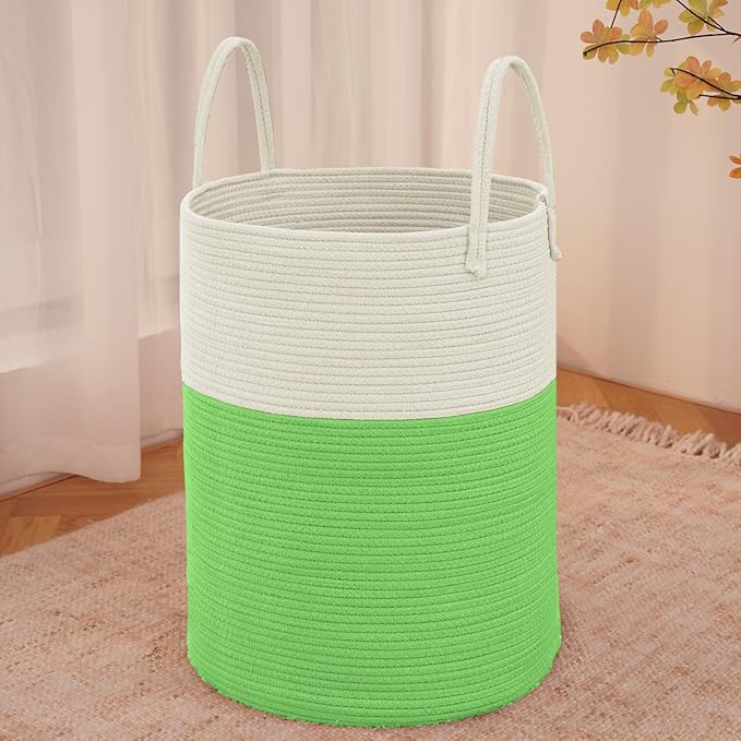 Large Woven Laundry Basket Hamper,80L Cotton Rope Storage Bin for Blankets,Toys and Clothes,Decorative Tall Nursery Hamper for Living Room,Baby Nursery,Bathroom and Bedroom,Light Green