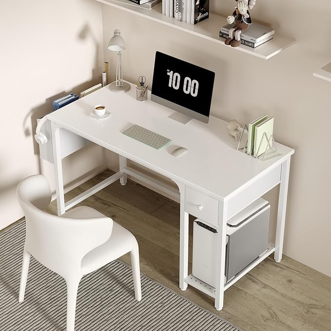 Lufeiya White Computer Desk with Drawers - 47 Inch PC Desk for Small Space Bedroom Home Office, Modern Simple Study Writing Table Desks with Storage Shelf, White