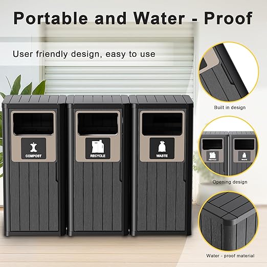ROJIK 35" Tall Outdoor Trash Can,Weatherproof Resin Garbage Indoor Durable Lightweight,Suitable for Patio Office Kitchen,Easy to Clean,Assemble(Waste&Recycle&Composter, Black)
