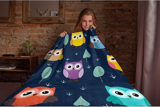 Thuswarm Cute Colorful Owl Flannel Blanket for Autumn Winter Gifts Warm Cozy Soft Funny Print Throw for Bed Couch Sofa 50”×40” Small for Kid