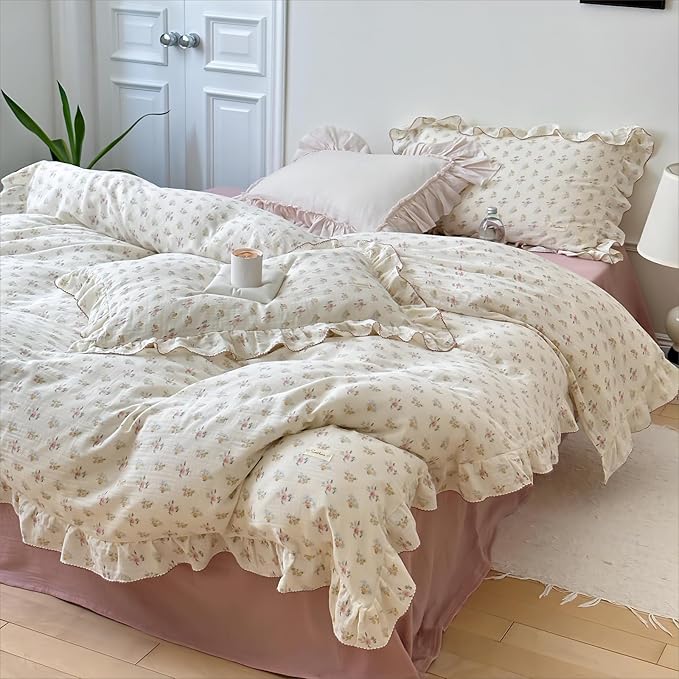 BuLuTu 100% Cotton Muslin Duvet Cover Twin for Kids Girls Boys, Shabby Chic Azalea Floral Duvet Covers Vintage Farmhouse Comforter/Quilt Cover with Ruffles, 68"x86", Zipper Closure, No Pillow