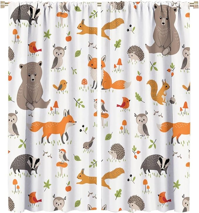 Forest Animal Curtains for Kids, Cartoon Safari Woodland Animals Window Treatments Cute Wild Jungle Bear Fox Deer Bear Window Drapes for Girls Boys Nursery Toddler Bedroom 84x84in