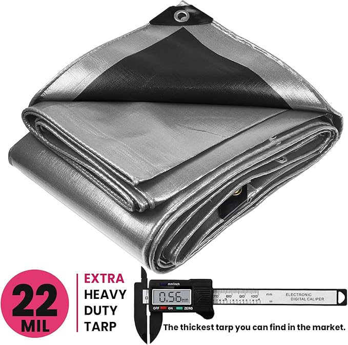 PROTARP Extreme Heavy Duty 22 Mil Tarp Cover, Waterproof, UV Resistant, Rip and Tear Proof, Poly Tarpaulin with Reinforced Edges for Roof, Camping, Patio, Pool, Boat. (Silver/Black 30′ X 50′)
