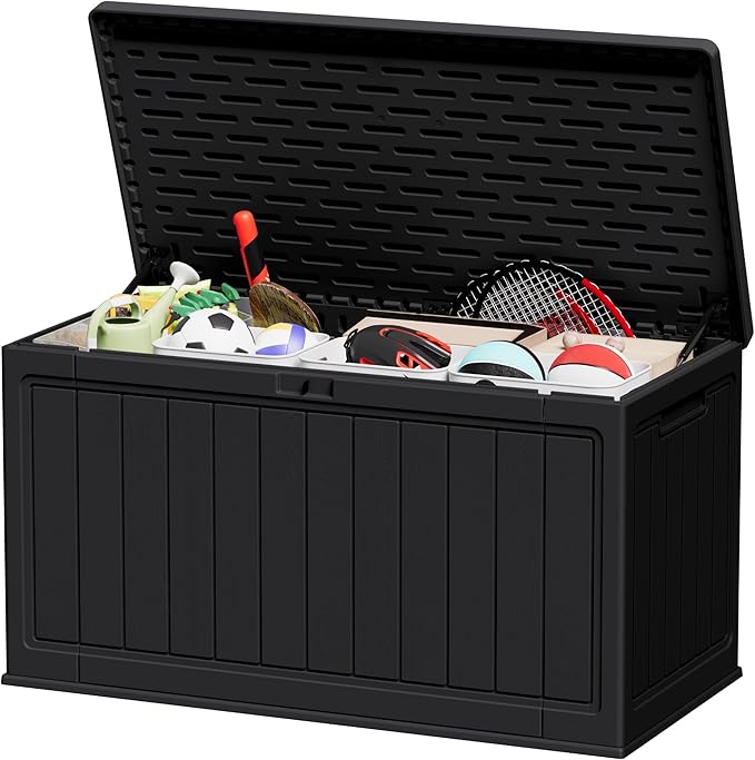JUMMICO 160 Gallon Resin Outdoor Storage Deck Box with Divider, Waterproof Storage Box&Bench with Lockable Lid for Garden Tools, Pools Supplies (Black)