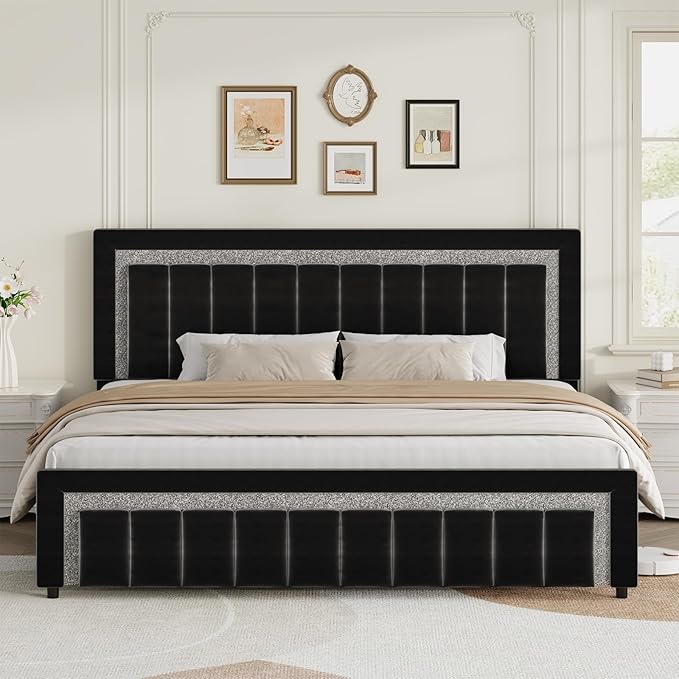 HOMBCK Bed Frame King with LED Lights and Velvet Upholstered Headboard