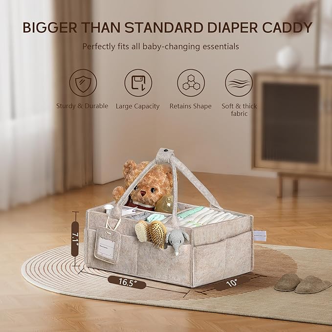 GEMII Diaper Caddy Organizer - Large Baby Caddy Organizer with Handle for Newborn Essentials Boy or Girl (Oatmeal, Large)