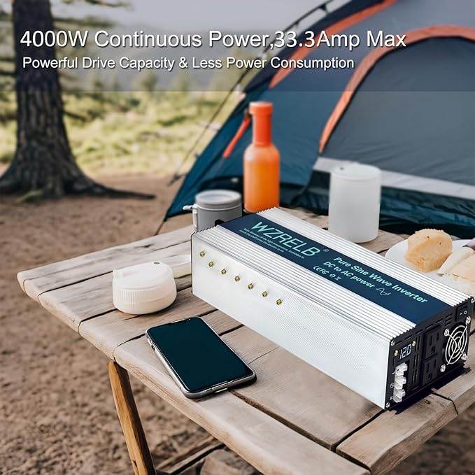 WZRELB 4000W Pure Sine Wave Inverter, Car Power Inverter 36V DC to 110V 120V AC Converter for RV, Truck, Solar, Outdoor with Dual AC Outlets, Hardwire Port, Surge 8000W, LED Display,Off-Grid