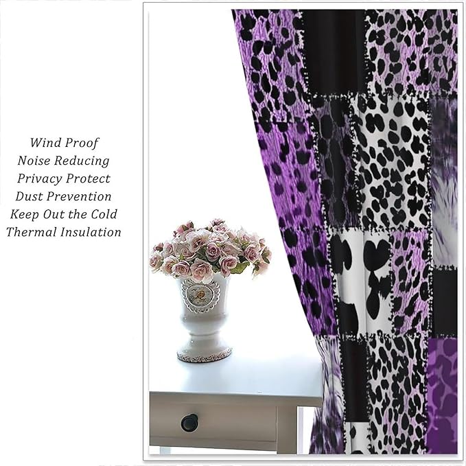 Brown Leopard Curtain, Purple Patchwork Cheetah Panthera Zebra Giraffe Print Safari Wildlife African Wild Animal Skin Window Curtains for Living Room Bedroom 42" W X 45" L