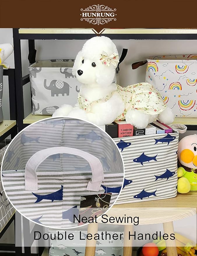 HUNRUNG Rectangle Storage Basket Cute Canvas Organizer Bin for Pet/Children Toys, Books, Clothes Perfect for Rooms/Playroom(Shark)