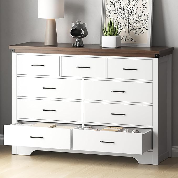 Farmhouse 9 Drawer Dresser for Bedroom, 52" Wide Chest of Drawers, Wooden Dresser TV Stand, Storage Dressers Organizer for Bedroom, Living Room, Hallway, White