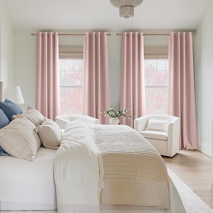NICETOWN Blush Pink Room Darkening Curtains 63 Inches Long 2 Panels for Girls Room, Bedroom, Nursery Thermal Insulated Blackout Drapes Solid Grommet Noise Reducing Window Curtains, W40