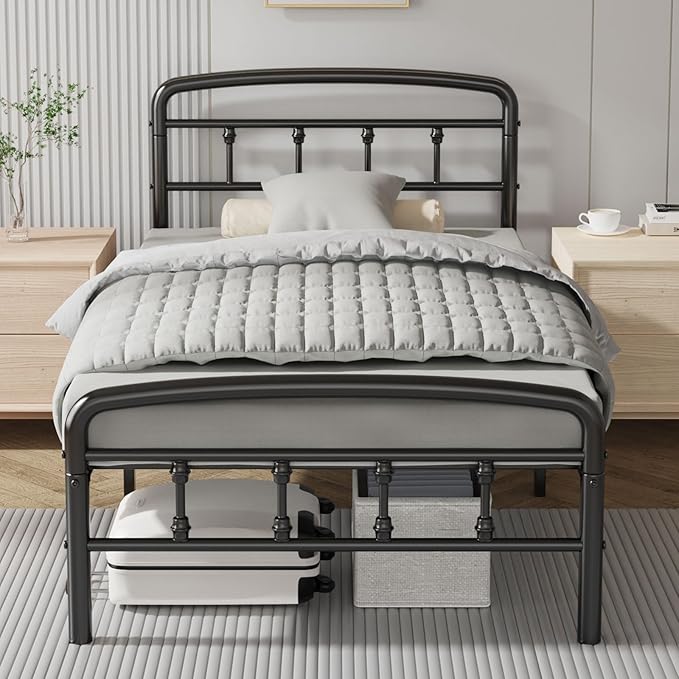 Metal Twin Bed Frames,1500 Lbs Heavy Duty Bed Frames with Headboard,Noise-Free Design & 12" Underbed Storage,No Box Spring Needed/Tool-Free Assembly