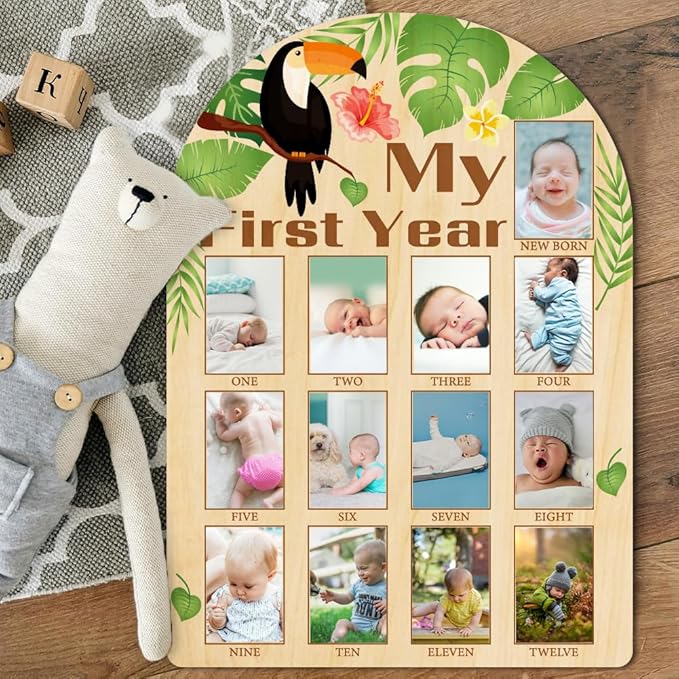 ORIGACH My First Year Baby Growth Photo Display Wood Board - 12 Months Newborn Milestones Photo Board - Neutral Baby Keepsake Board 1st Birthday Party Nursery Decor New Mom Gift - Toucan & Leaves