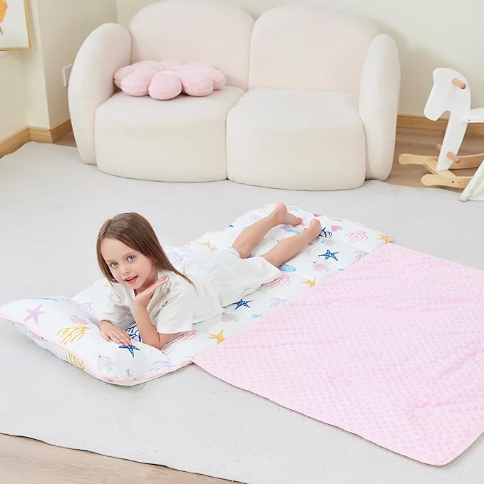 Toddler Nap Mat with Pillow and Blanket, Extra Large Rolled Napping Mats,Slumber Bags for Boys Girls,Kids Sleeping Bag for Daycare, Preschool Travel Camping