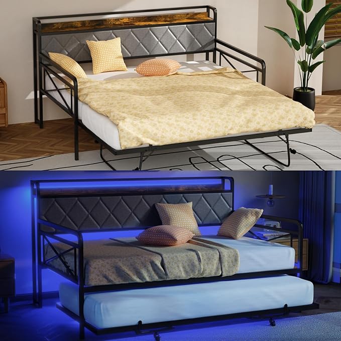 VINGLI Full Daybed with Trundle Bed, Upholstered Day Bed with LED Light &