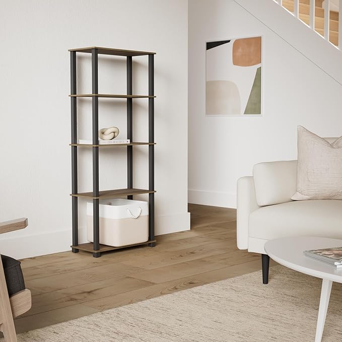 Furinno Turn-N-Tube 5-Tier Multipurpose Shelf / Display Rack / Storage Shelf / Bookshelf, Square Tubes, Columbia Walnut/Black