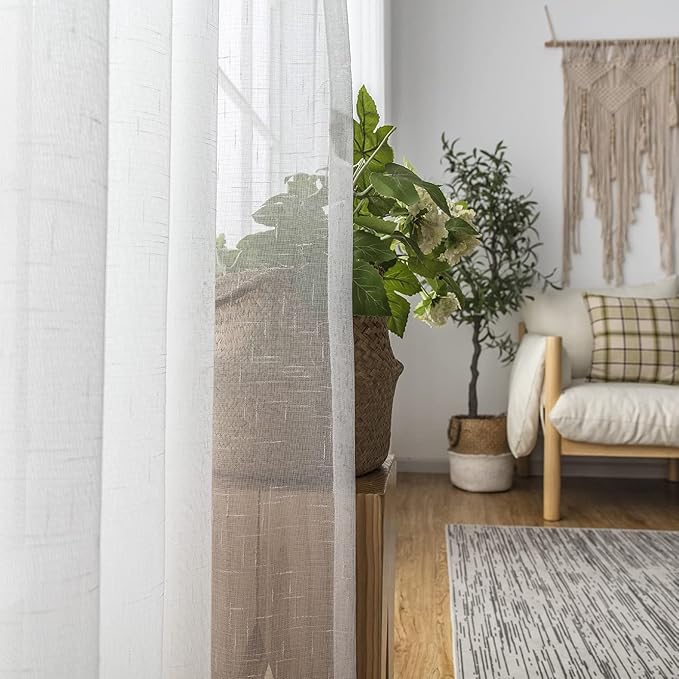 Off White Sheer Curtains 100 Inches Long 2 Panels, Thin Textured Linen Look Drapes for Living Room, Rustic Ivory See Through Window Secor, DIY Pinch Pleat Sliding Glass Door Curtain