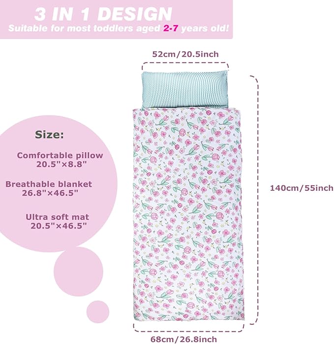 Toddlers Nap Mat with Removable Pillow and Soft Blanket, Lightweight Daycare Preschool Kindergarten Sleeping Bag, Travel Slumber for Kids Girls Boys