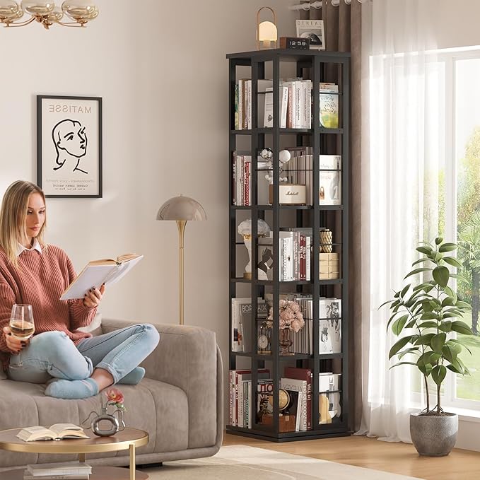 Aheaplus Rotating Bookshelf, Corner Bookcase, 360 Display Wood Spinning Bookshelves, Floor Standing Bookcases Narrow Shelf, 5 Tiers, Black