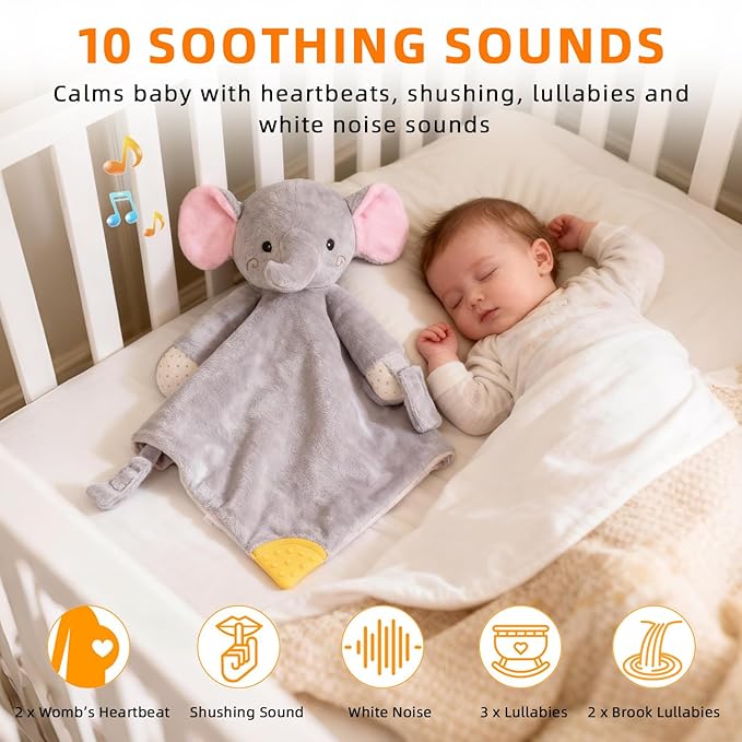 BEREST Elephant Baby Lovey Rechargeable Sleep Soother with 10 White Noises (Heartbeat, Shushing & Lullabies) & Cry Sensor|Timer|Recording|Plush Blanket Comforter Gift for Newborns|Infants|Boys & Girls