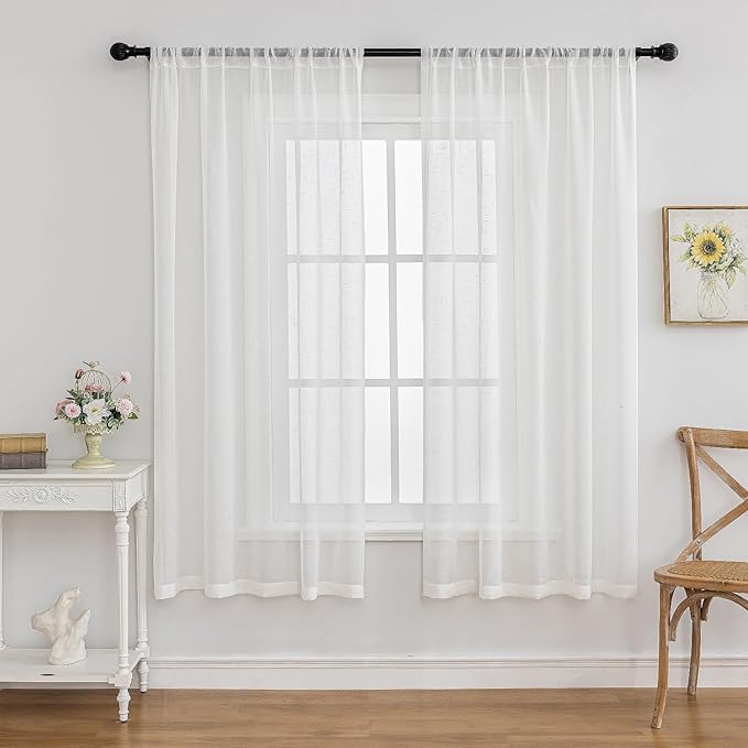Off White Sheer Curtains 63 Inch Length 2 Panels, 50 Inches Width, Linen Look Transparent Curtain, Rustic Textured Light Filtering Drapes, Rod Pocket Window Treatments