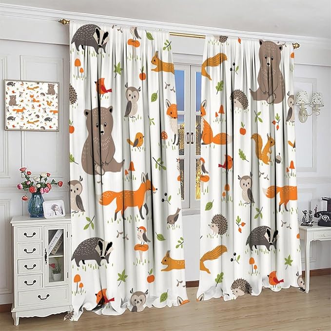 Forest Animal Curtains for Kids, Cartoon Safari Woodland Animals Window Treatments Cute Wild Jungle Bear Fox Deer Bear Window Drapes for Girls Boys Nursery Toddler Bedroom 42x54in
