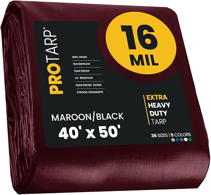 PROTARP Extra Heavy Duty 16 Mil Tarp Cover, Waterproof, UV Resistant, Rip and Tear Proof, Poly Tarpaulin with Reinforced Edges for Roof, Camping, Patio, Pool, Boat. (Maroon/Black 40′ X 50′)