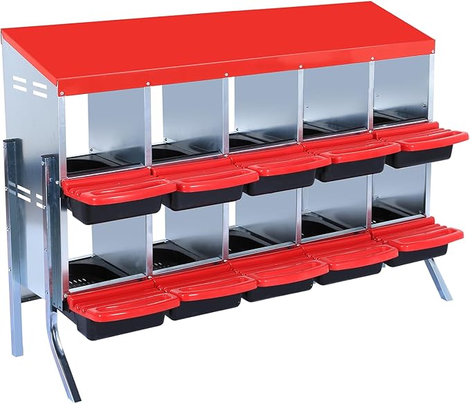 GarveeHome 2-Tier Chicken Nesting Box, 10 Compartment Metal Chicken Laying Boxes with Waterproof Roof ＆ Removable Trays for Hens, Poultry，Easy Egg Collection