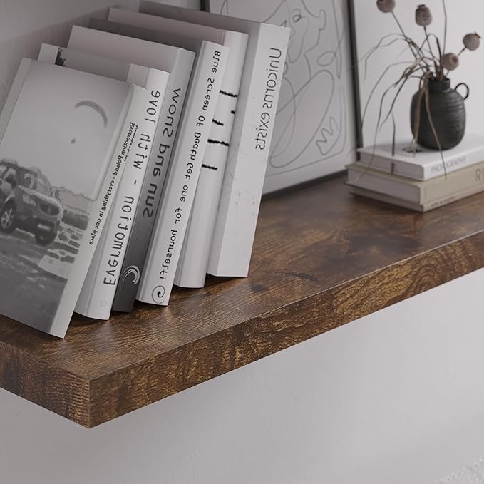 Floating Shelf, Set of 2 Wall Shelf, 24 in W x 12.75 in D x 2 in H Wooden Floating Wall Shelf with Invisible Brackets for Living Room/Bedroom/Bathroom/Kitchen Storage and Decor, Rustic Brown