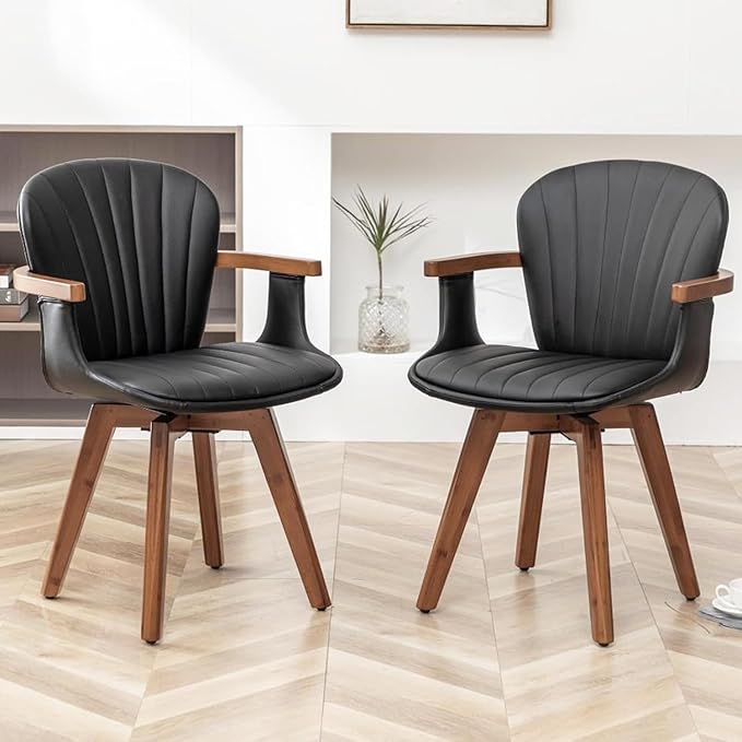 LUNLING Swivel Dining Chairs, Mid Century Modern Black Faux Leather Kitchen Chairs with Arms,Bamboo Legs Side Chairs No Wheels,Accent Chair for Dining Rooms and Offices,1PCS