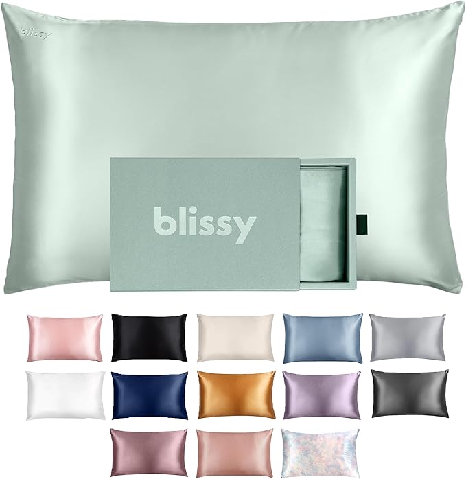 Blissy Silk Pillowcase - 100% Pure Mulberry Silk - 22 Momme 6A High-Grade Fibers - Silk Pillow Cover for Hair & Skin - Regular, Queen & King (Matcha, Queen)