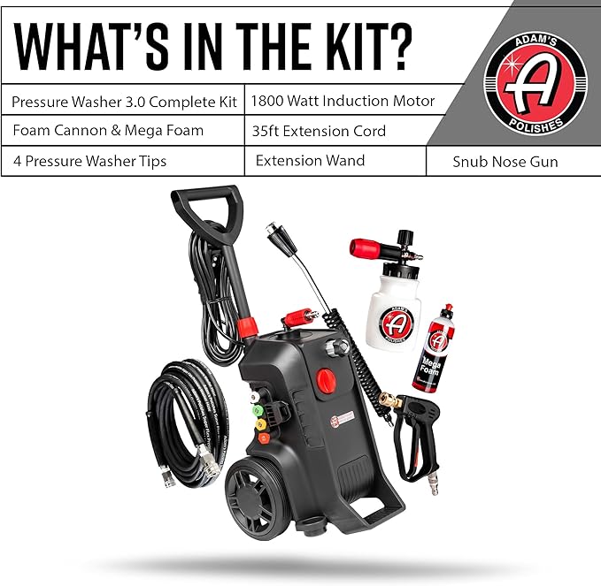 Adam's Pressure Washer 3.0 (Complete Kit) - Powerful Car Washing Pressure Sprayer, Includes Snub Nose with Swivel, Extension Wand, Premium Foam Cannon & 16oz Mega Foam Shampoo| 1260 PSI & 1.6 GPM