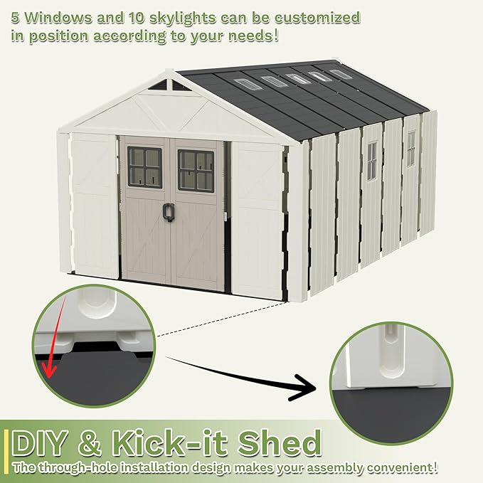 Greesum 10×16 FT Plastic Outdoor Storage Shed with Floor and Lockable Door, Resin Sheds with Windows and Skylights, Weather Resistant Organization for Garden, Lawn, Pool Supplies, Beige