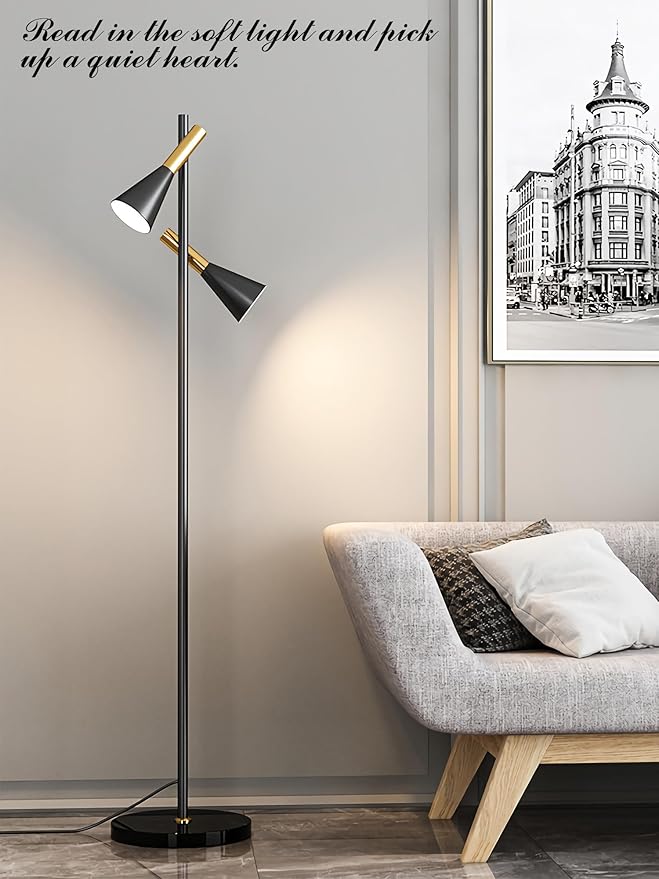 Modern Floor Lamp with 2 Adjustable Head Tall Pole Uplight
