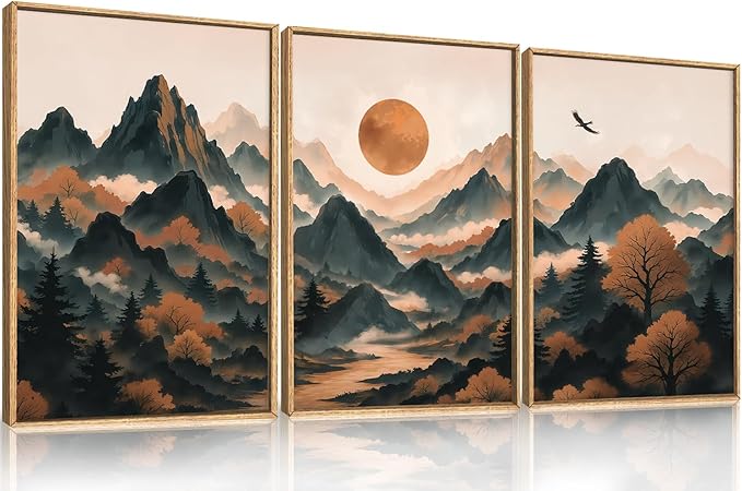 Large Boho Mountain Framed Canvas Wall Art Set, Brown Ridge Landscape Wall Decor, Pine Tree Scenery Wall Painting, Abstract Wilderness Art Print for Living Room, Bedroom, Office - 16"X24"X3