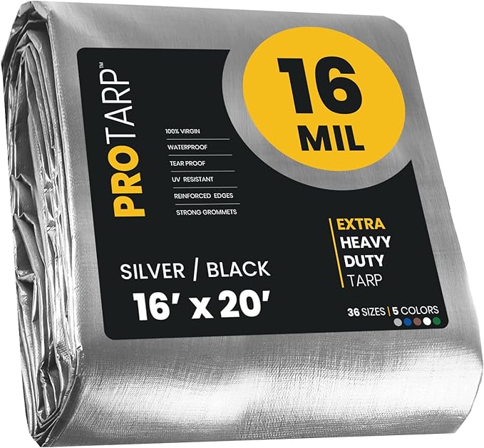 PROTARP Extra Heavy Duty 16 Mil Tarp Cover, Waterproof, UV Resistant, Rip and Tear Proof, Poly Tarpaulin with Reinforced Edges for Roof, Camping, Patio, Pool, Boat. (Silver/Black 16′ X 20′)