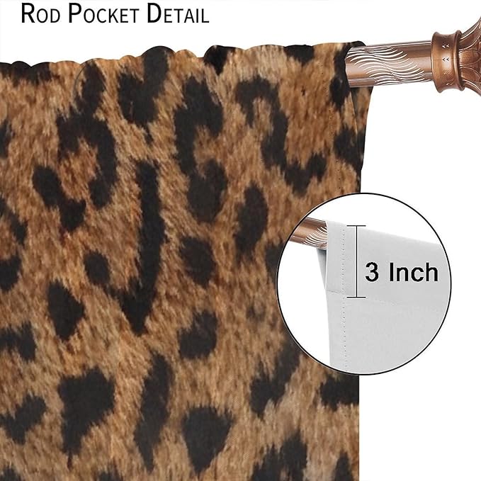 Leopard Print Window Curtains, Animal Fur Skin Brown Farmhouse Wild 3D Rustic Safari Theme Window Treatments for Kids Bedroom Living Room 63" W X 63" L