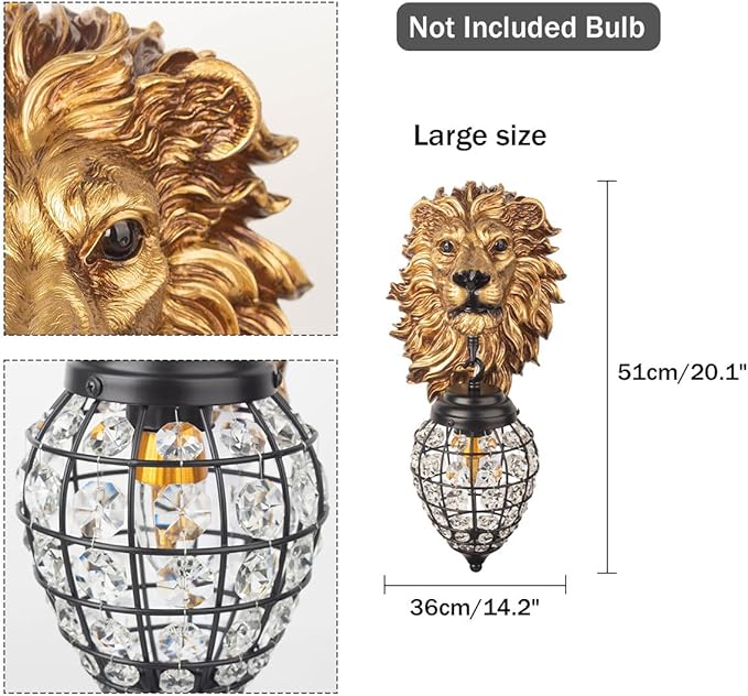 Lion Head Wall Decor Sconces Wall Lighting Retro Baroque Crystal Sconce Gold