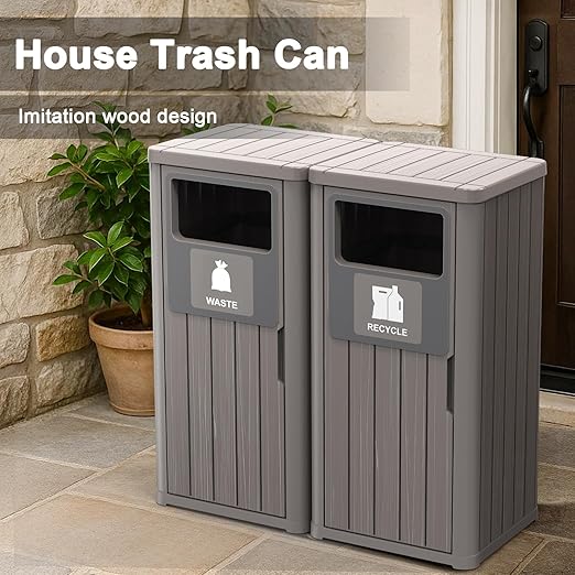 ROJIK 35" Tall Outdoor Trash Can,Weatherproof Resin Garbage Indoor Durable Lightweight,Suitable for Patio Office Kitchen,Easy to Clean,Assemble(Waste&Recycle,Grey)