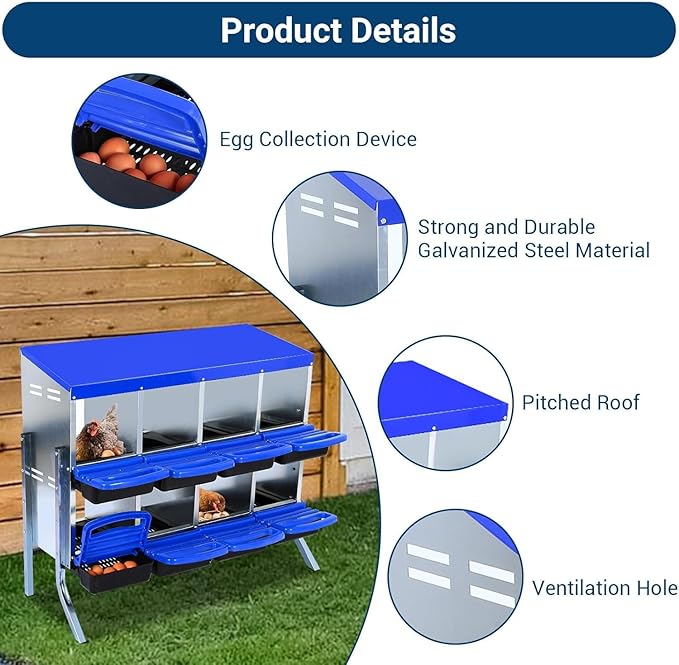 Chicken Nesting Box, 8 Hole 2 Layer Hen Nest Boxes with Legs, Roll-Away Egg Collection System with Ventilation Holes，Rustproof Plastic Tray & Keyhole Mounting, Chicken Laying Box