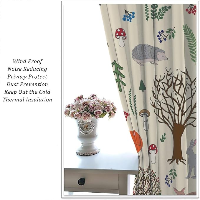 Kids Forest Animal Curtains, Rustic Cute Wild Animal Fox Deer Hedgehog Window Treatments Farmhouse Woodland Window Drapes for Girls Boys Nursery Toddler Bedroom 63x72in