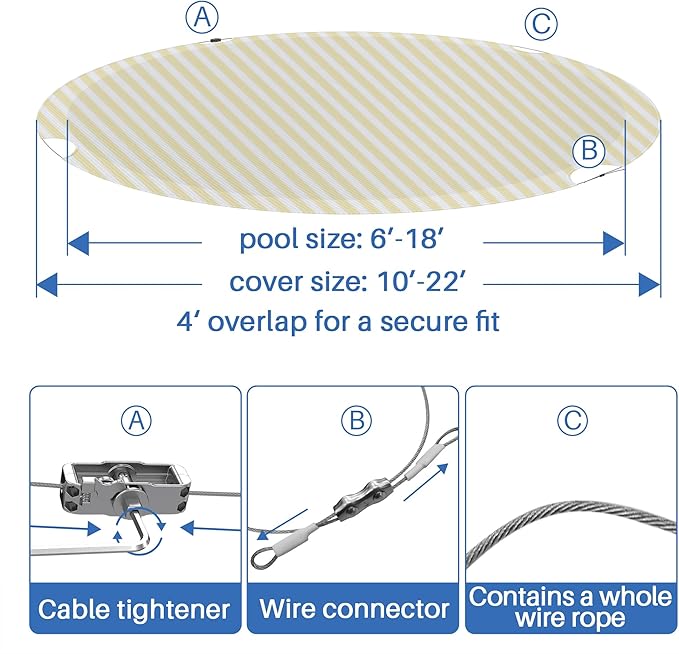 ECOOPTS 16 ft Round Pool Cover for Above Ground Pools, Swimming Pool Cover Protector Winter Safety Cover (Beige White Stripes)