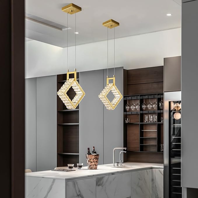 Kitchen Island Mini Light Fixture Modern Led Crystal Pendant Light Gold Square