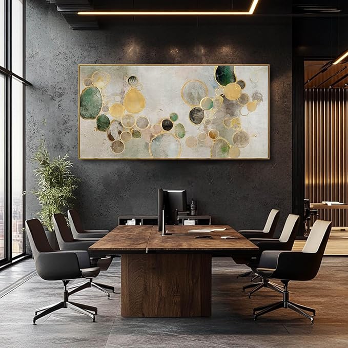 Abstract Canvas Wall Art Gold Circle Painting Green Artwork Framed Wall Prints 29"x 58" Office Wall Decor Colorful Pictures for Living Room Bedroom
